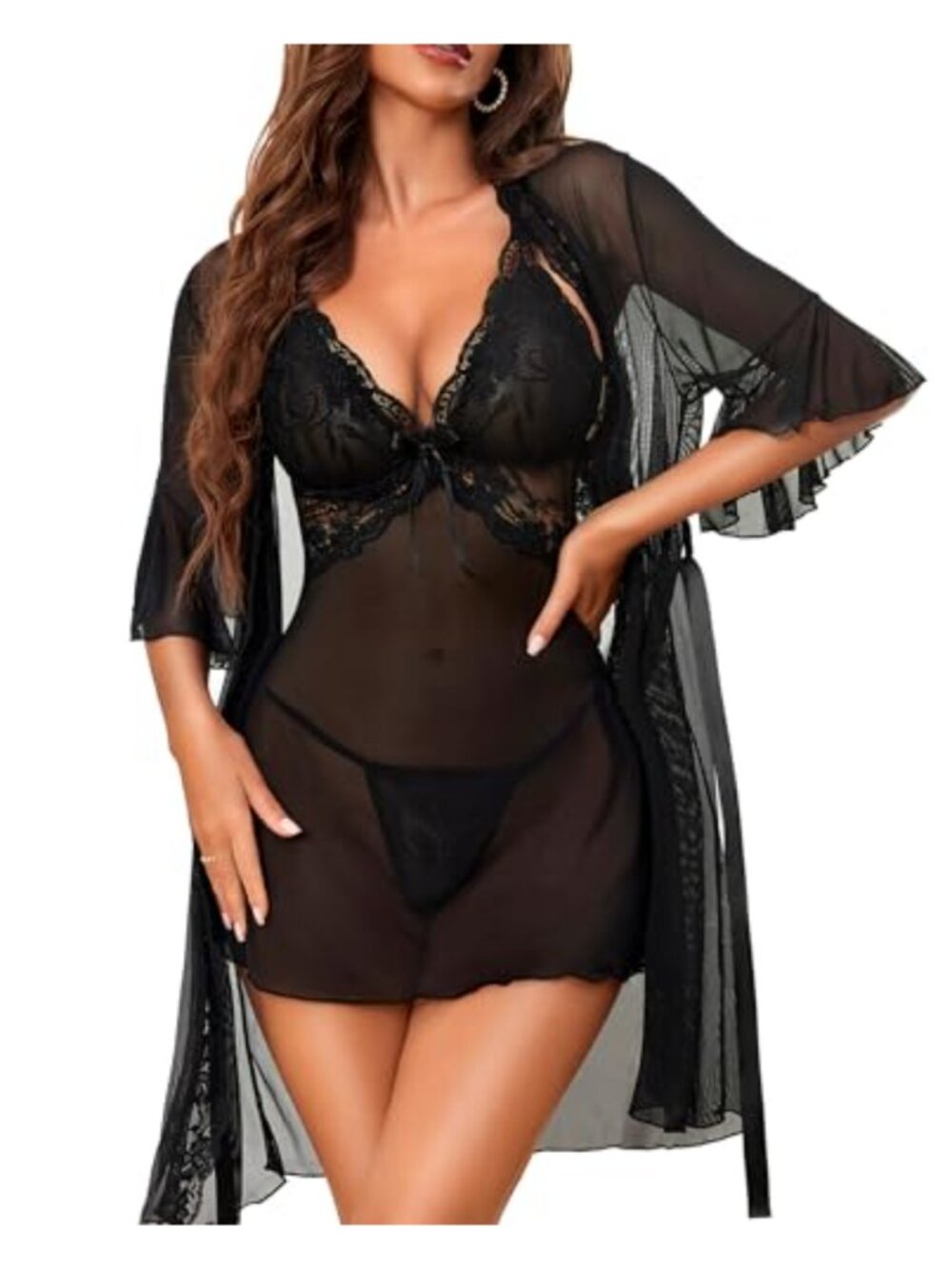 RSLOVE Lace Babydoll Kimono Robe Set Strap Chemise Mesh Nightgown